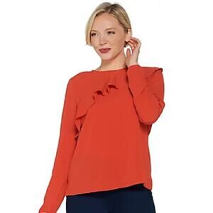 Vince Camuto Long-Sleeve Asymmetric Ruffle Shoulder Manderin Red Blouse XS NWT
